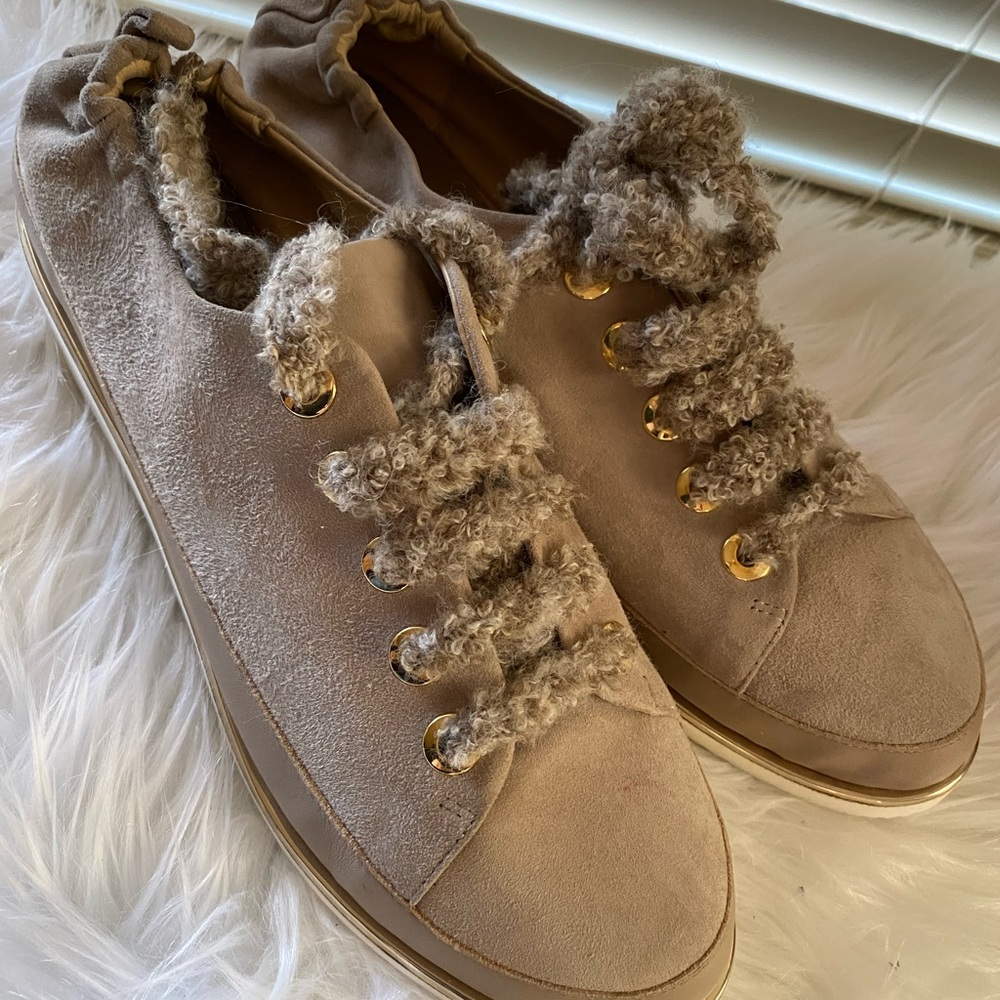 Ron White Beige Leather Sneakers SZ 40 (US 9.5) Shearling Lace Gold Eyelets